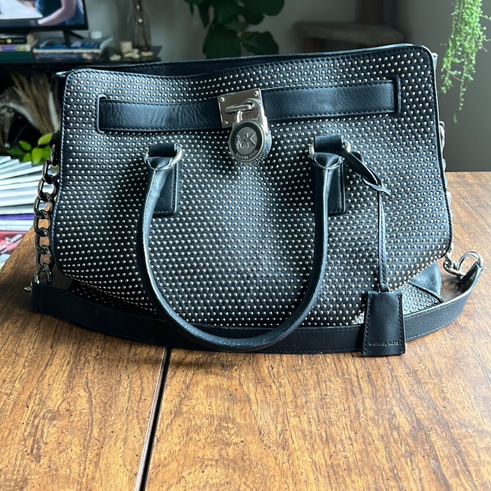 Michael Kors Studded Large Black Leather Handbag (Hamilton)
